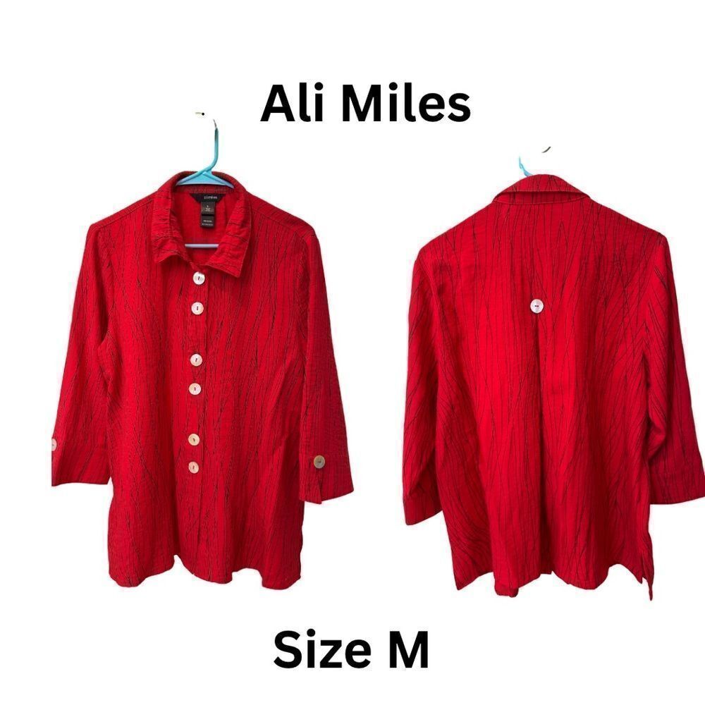 Ali Miles Red Button-Up Blouse with Pearled Buttons.